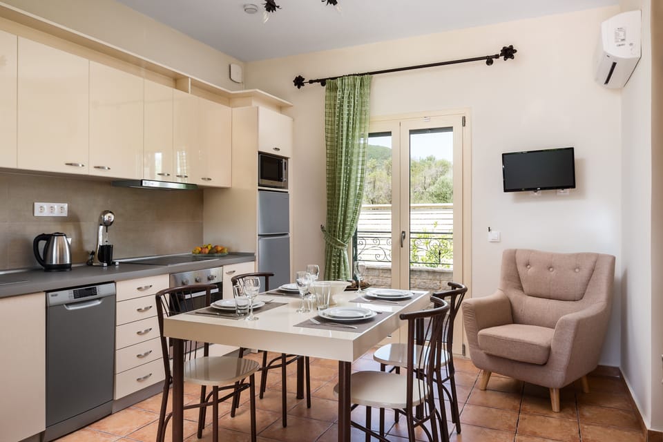 Luxury Villa, 2 Bedrooms, Garden View (Thalassa) | Private kitchen | Full-size fridge, microwave, oven, stovetop