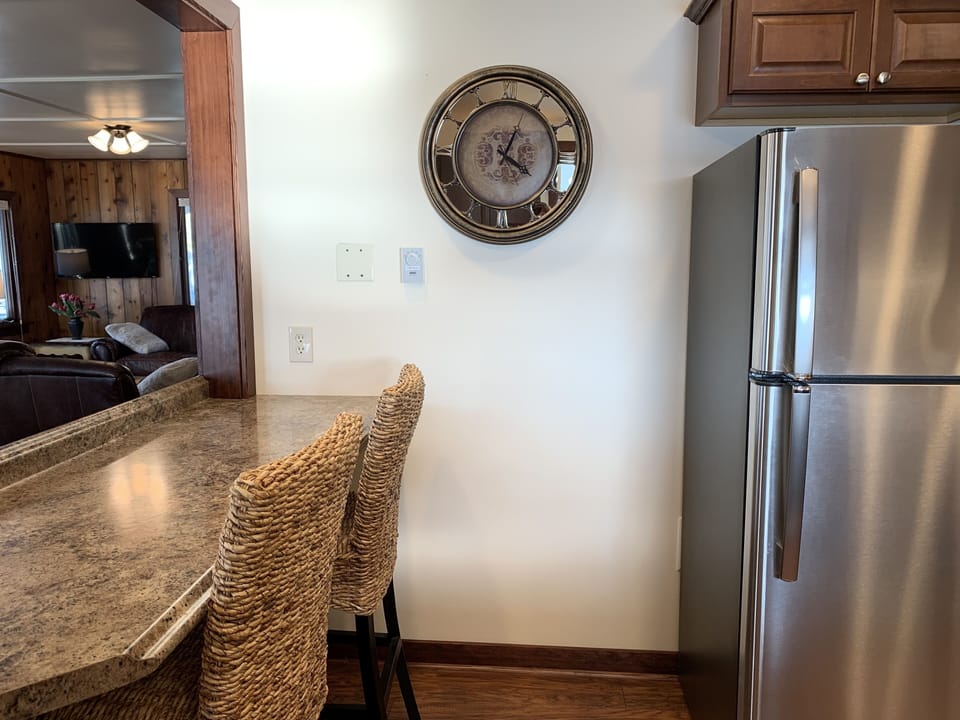 Kitchen counter open to dining area