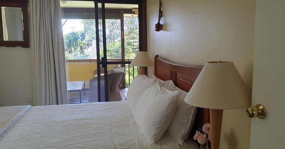 The main bedroom with a queen bed, opening onto the outside lounge.