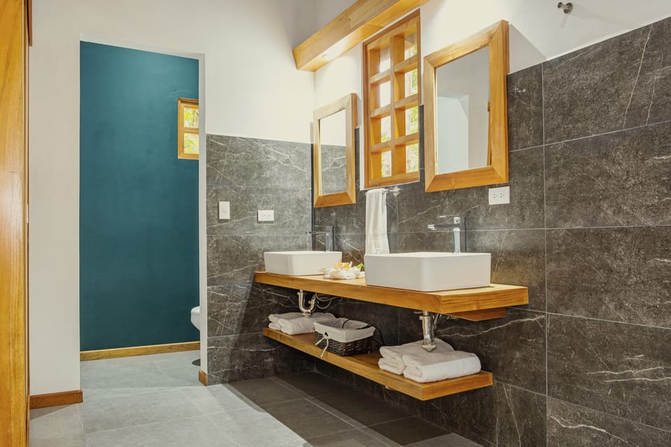 Shower, rainfall showerhead, hair dryer, bathrobes