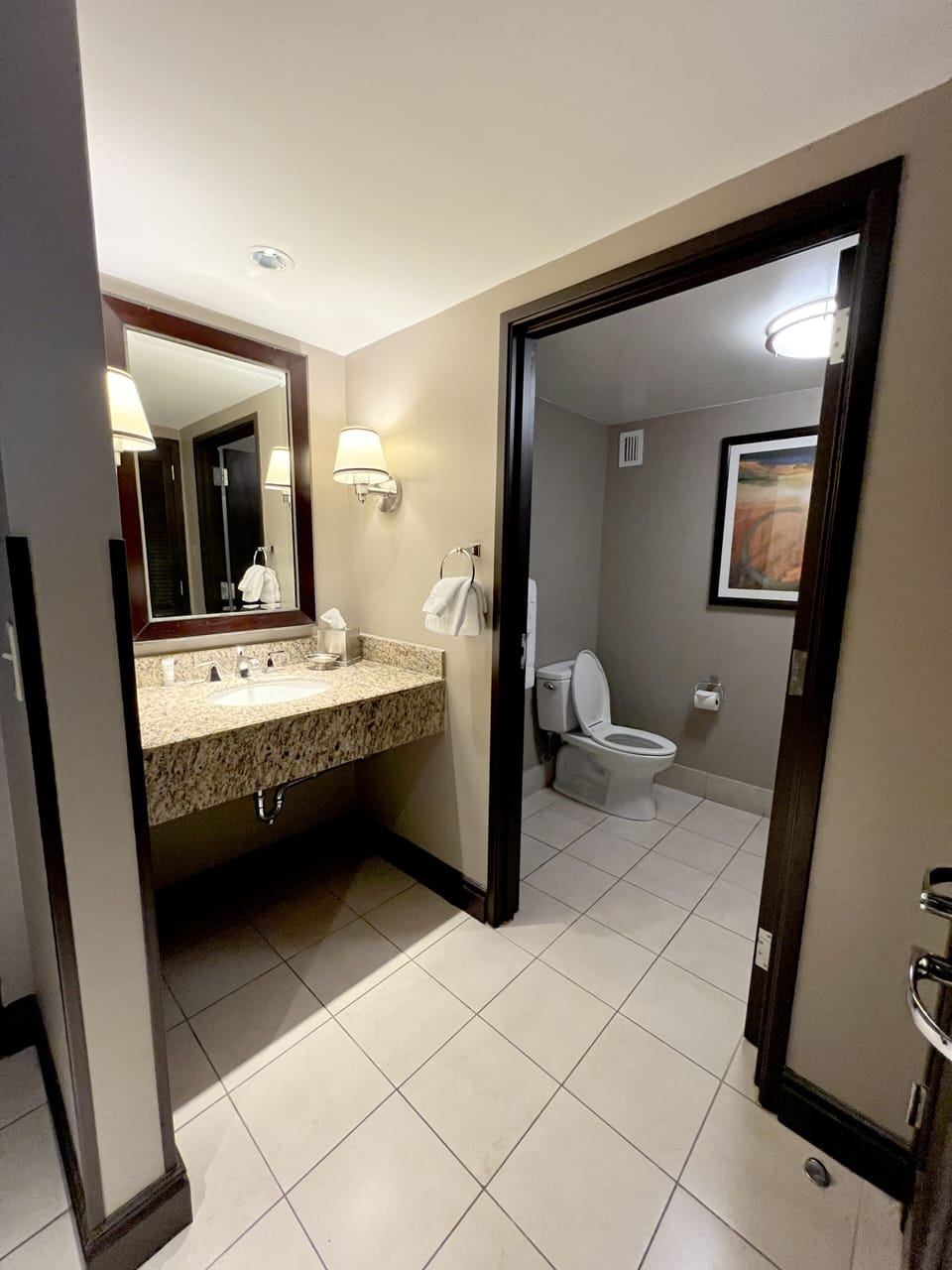 Deluxe Two Queen | Bathroom | Hair dryer, towels