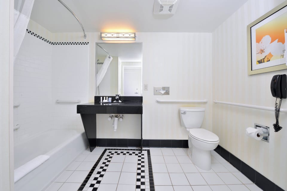 Combined shower/tub, free toiletries, hair dryer, towels