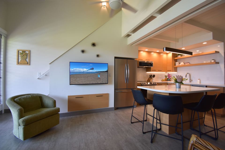 Smart TV & full-size refrigerator to store all your groceries & frozen items!