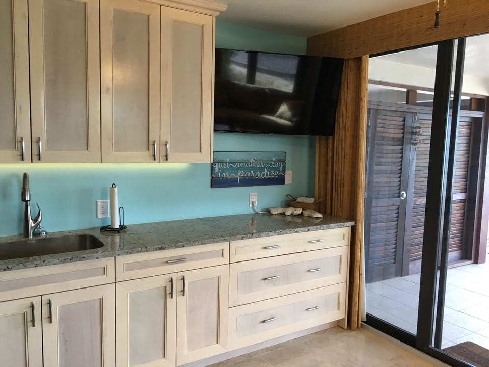 Counter area with smart TV.