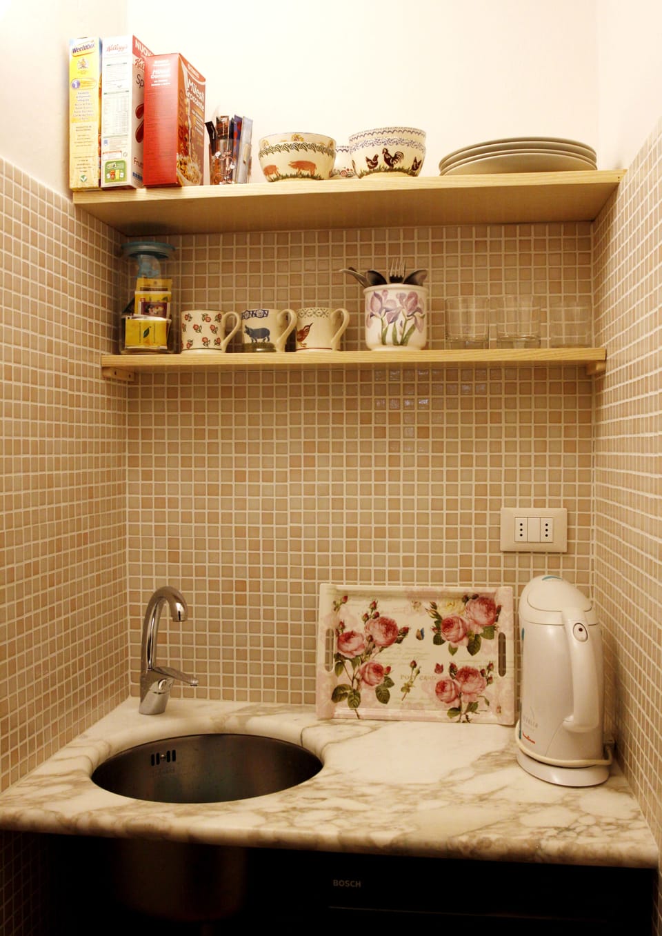 Mini-fridge, coffee/tea maker, electric kettle