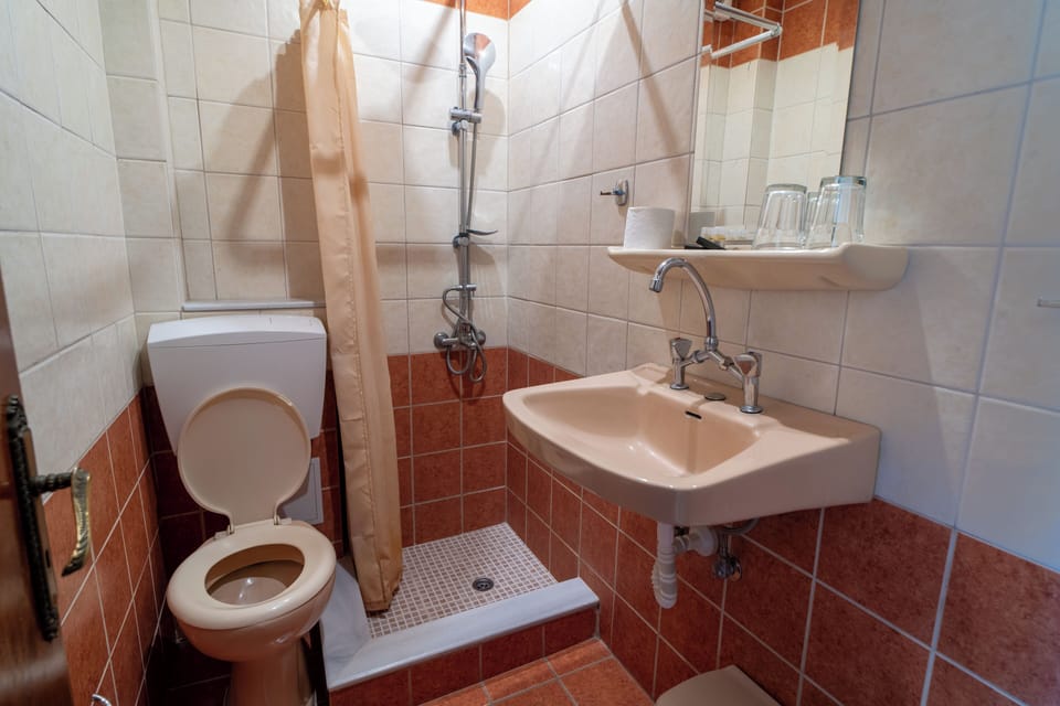 Shower, free toiletries, hair dryer, towels