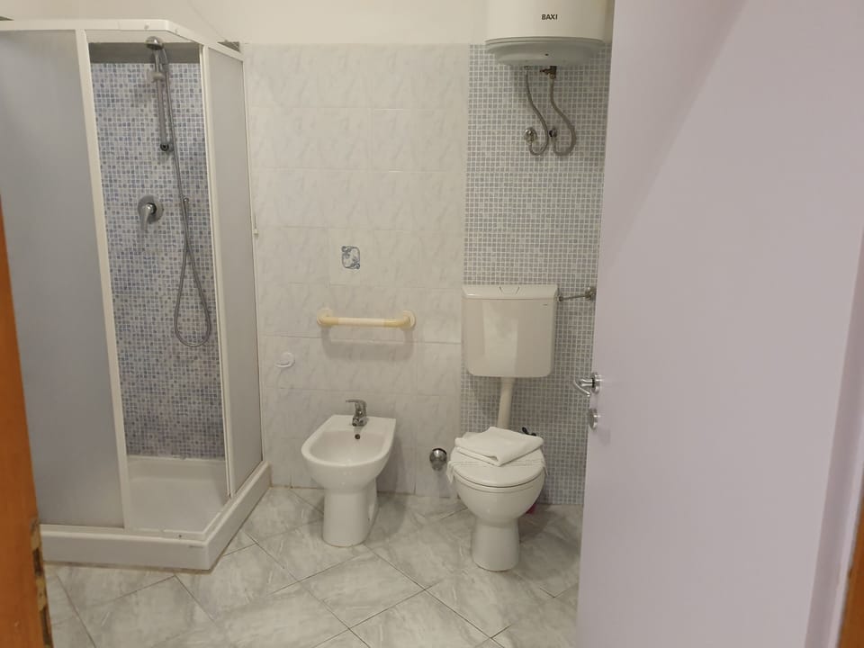 Shower, hair dryer, bidet, towels