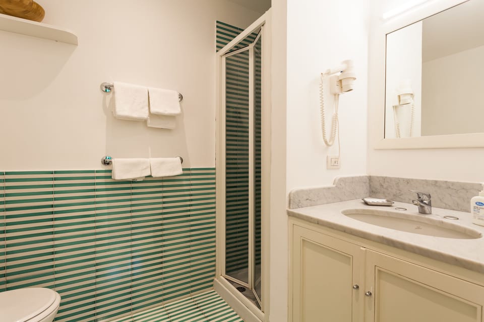 Shower, rainfall showerhead, free toiletries, hair dryer