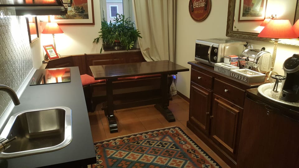 Fridge, microwave, stovetop, espresso maker