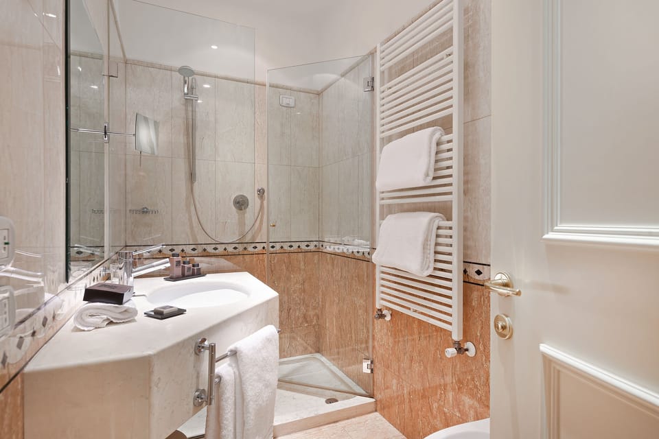 Shower, free toiletries, hair dryer, towels