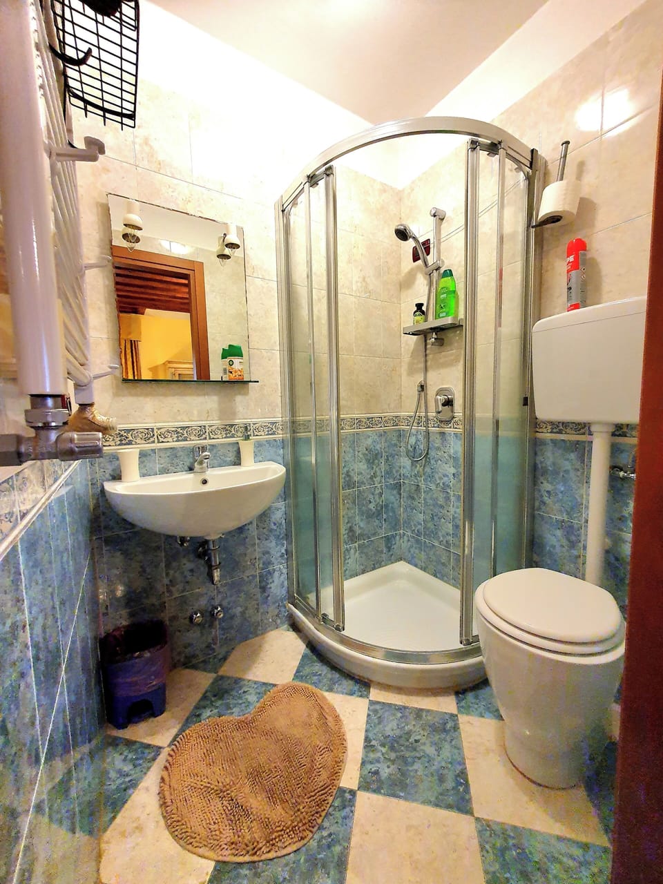 Shower, rainfall showerhead, hair dryer, towels
