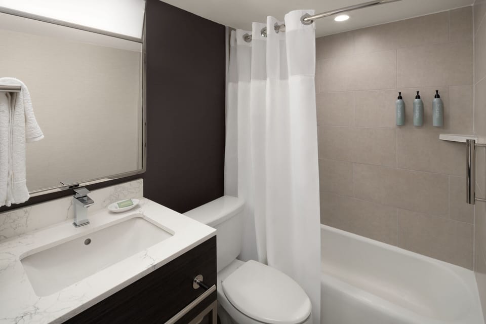 Combined shower/tub, free toiletries, hair dryer, towels