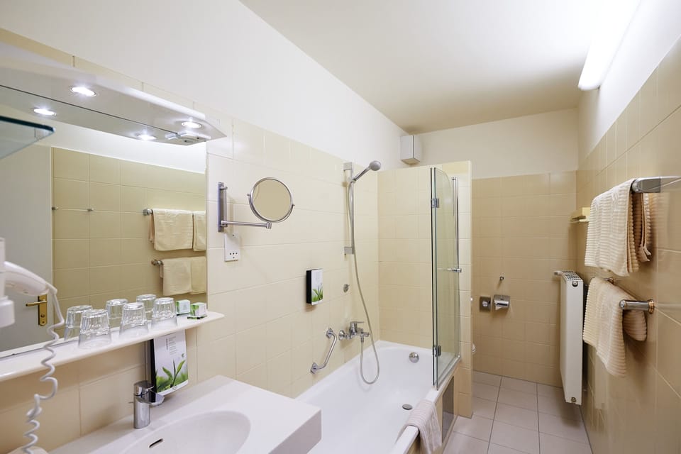 Shower, free toiletries, hair dryer, towels