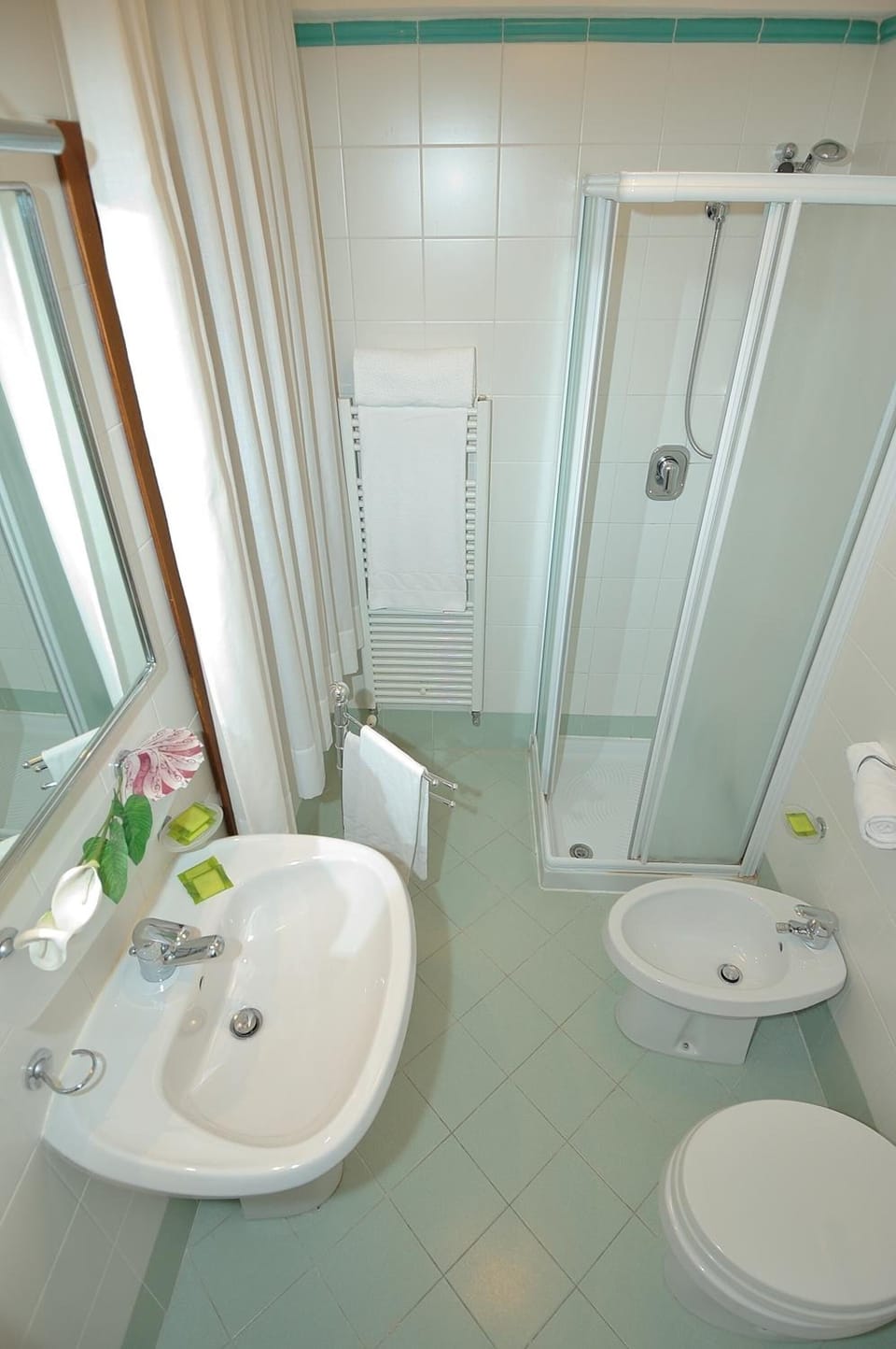 Shower, free toiletries, hair dryer, towels