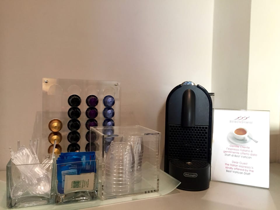Mini-fridge, espresso maker, coffee/tea maker, electric kettle
