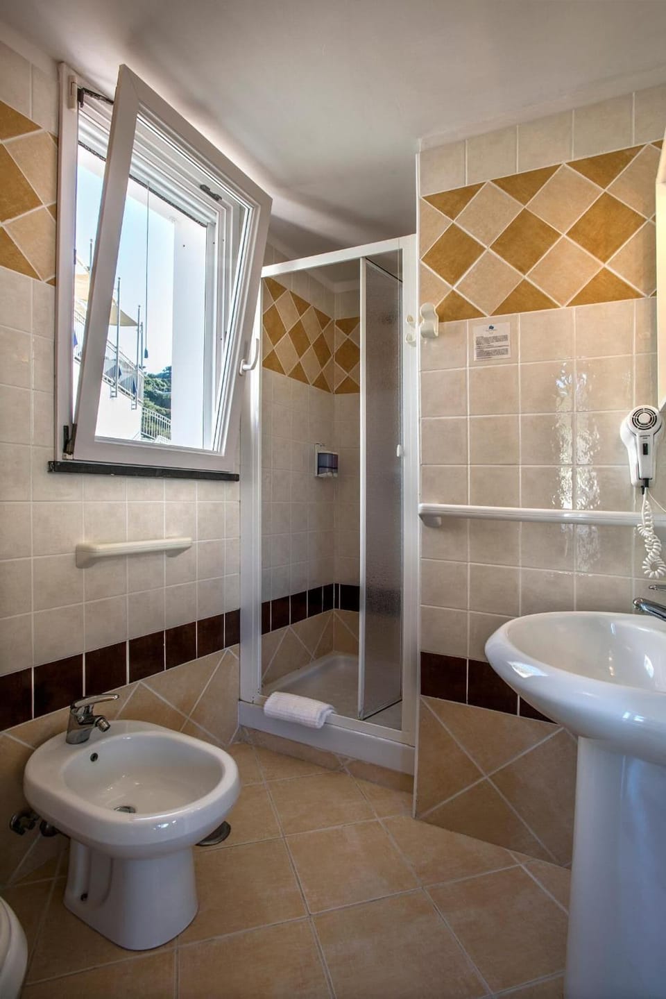 Shower, hair dryer, towels