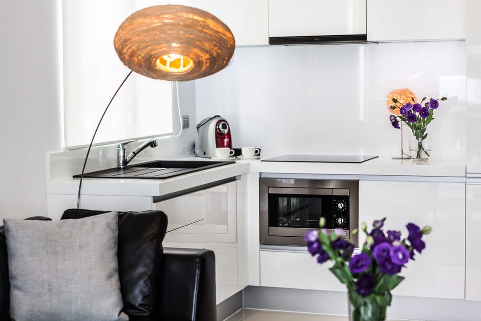 Full-size fridge, microwave, stovetop, espresso maker