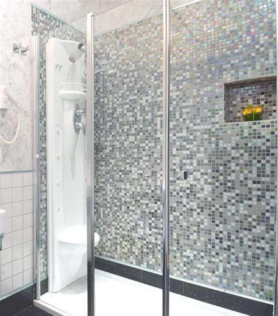 Shower, hydromassage showerhead, free toiletries, hair dryer