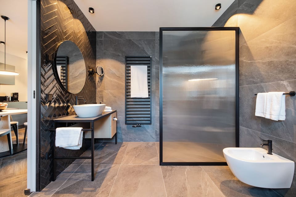 SPLIT STUDIO FOR 4 BALCONY | Bathroom | Shower, hair dryer, bathrobes, slippers