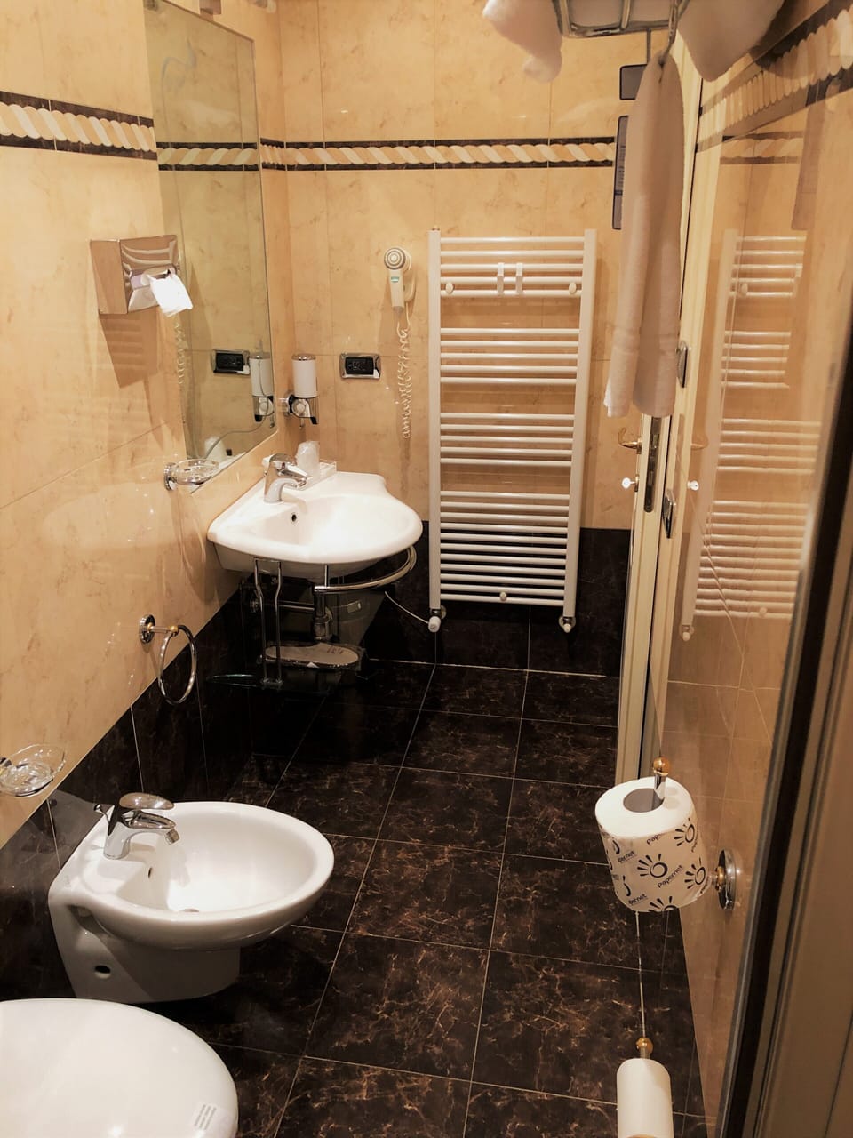 Combined shower/tub, hair dryer, slippers, bidet