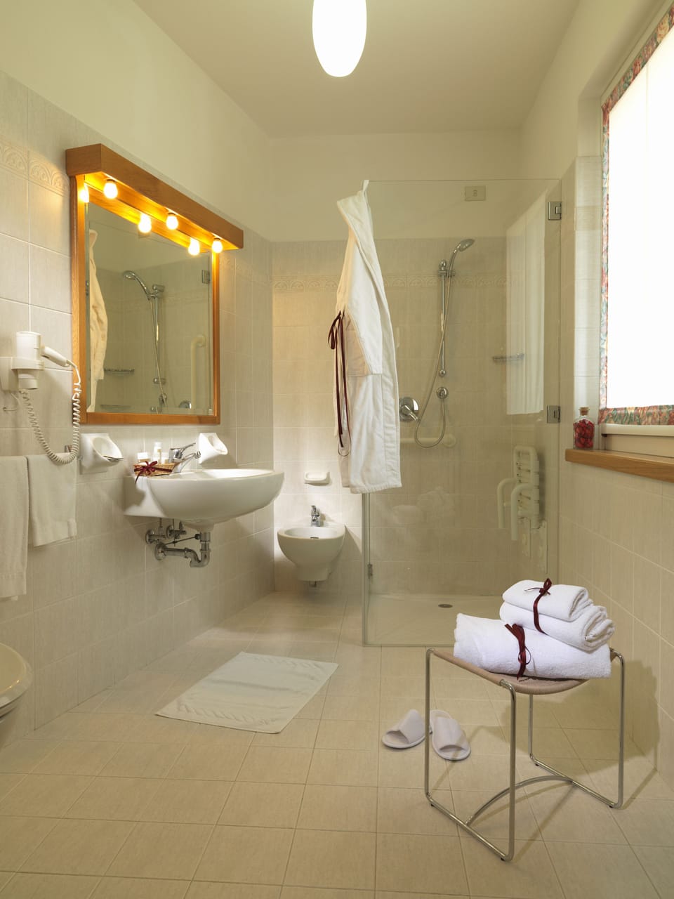 Shower, hair dryer, bidet, towels