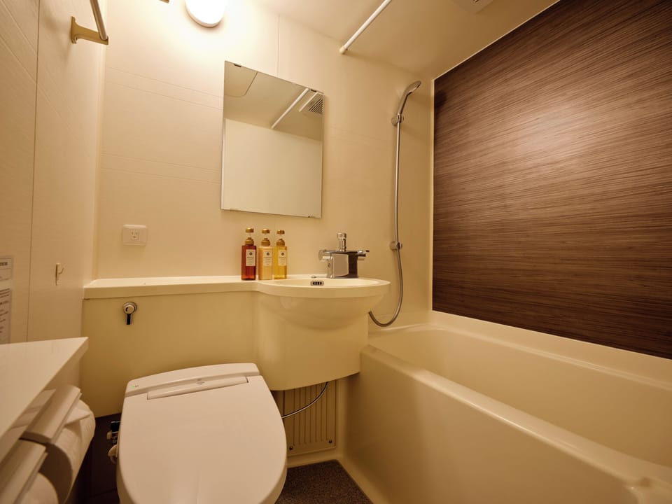 Combined shower/tub, free toiletries, slippers, electronic bidet