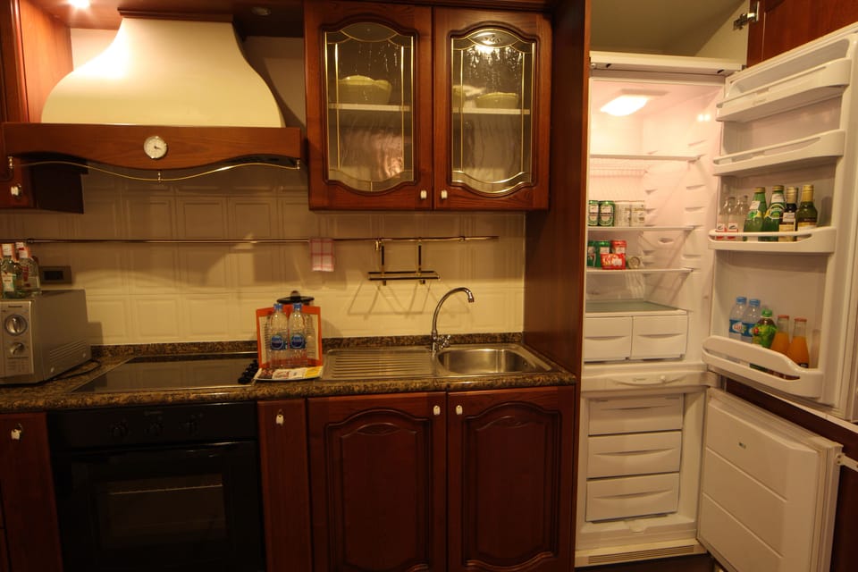 Fridge, microwave, stovetop, electric kettle