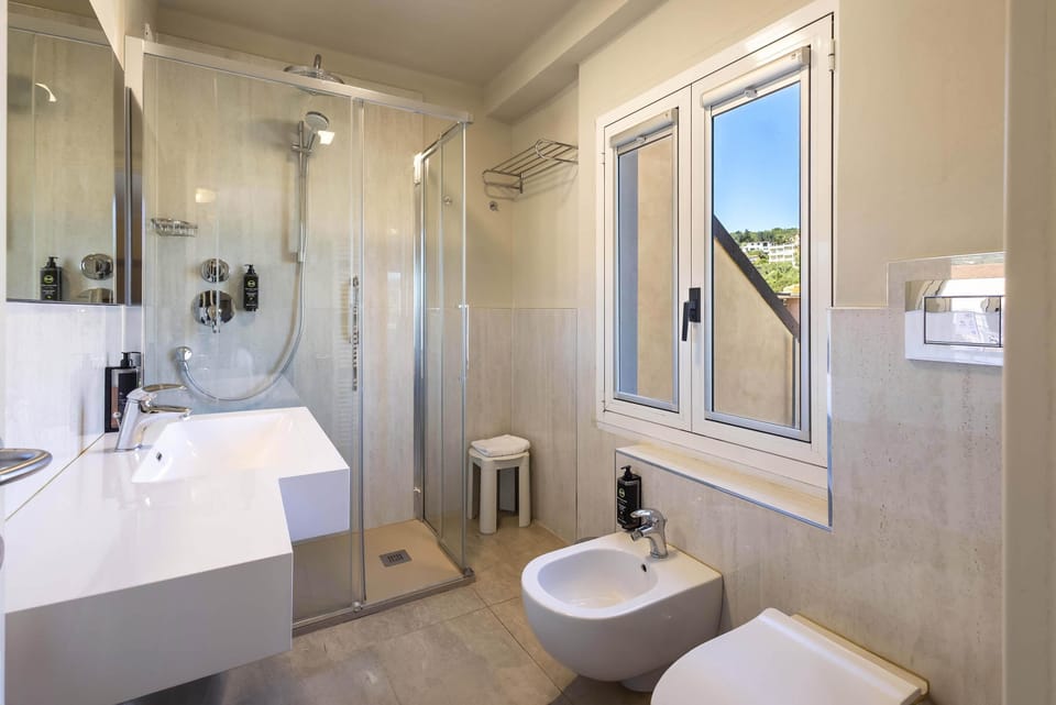 Shower, free toiletries, hair dryer, bidet