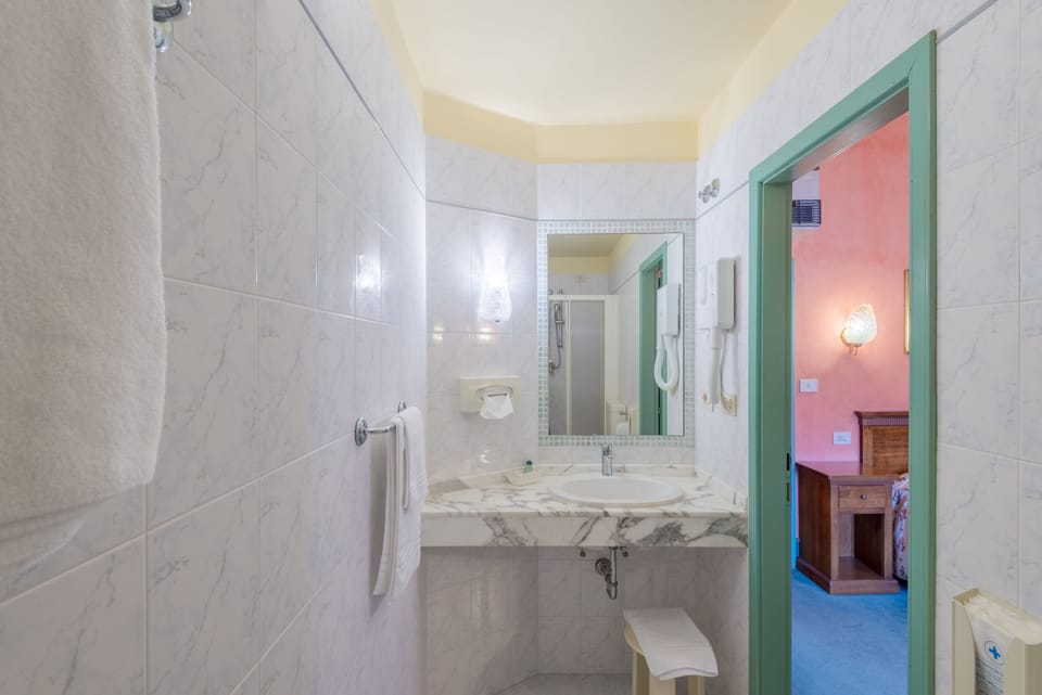 Combined shower/tub, free toiletries, hair dryer, bidet