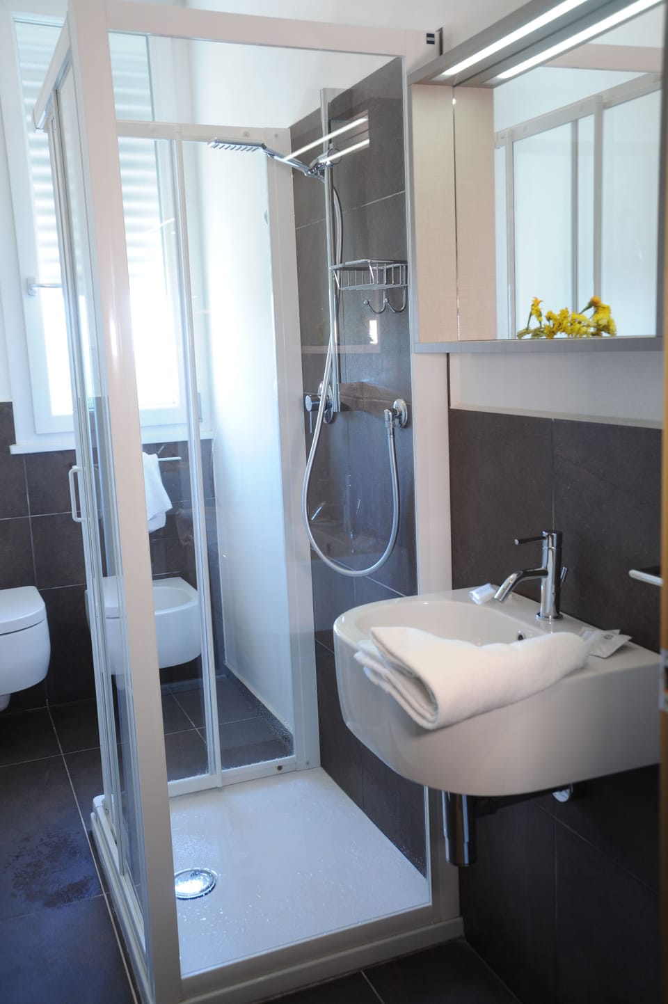 Shower, rainfall showerhead, eco-friendly toiletries, hair dryer