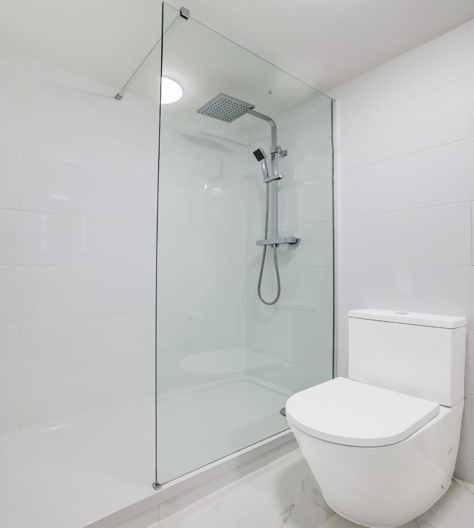 Shower, free toiletries, towels, toilet paper