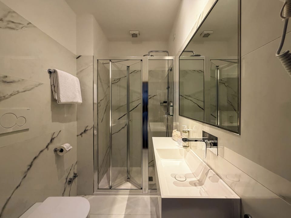 Shower, hair dryer, bidet, towels