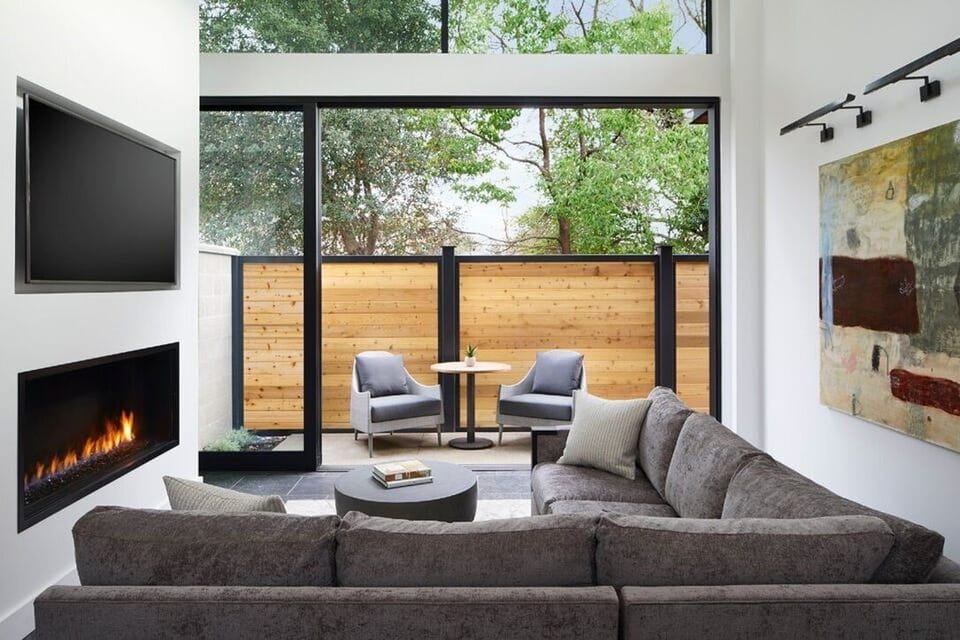 55-inch TV with cable channels, fireplace