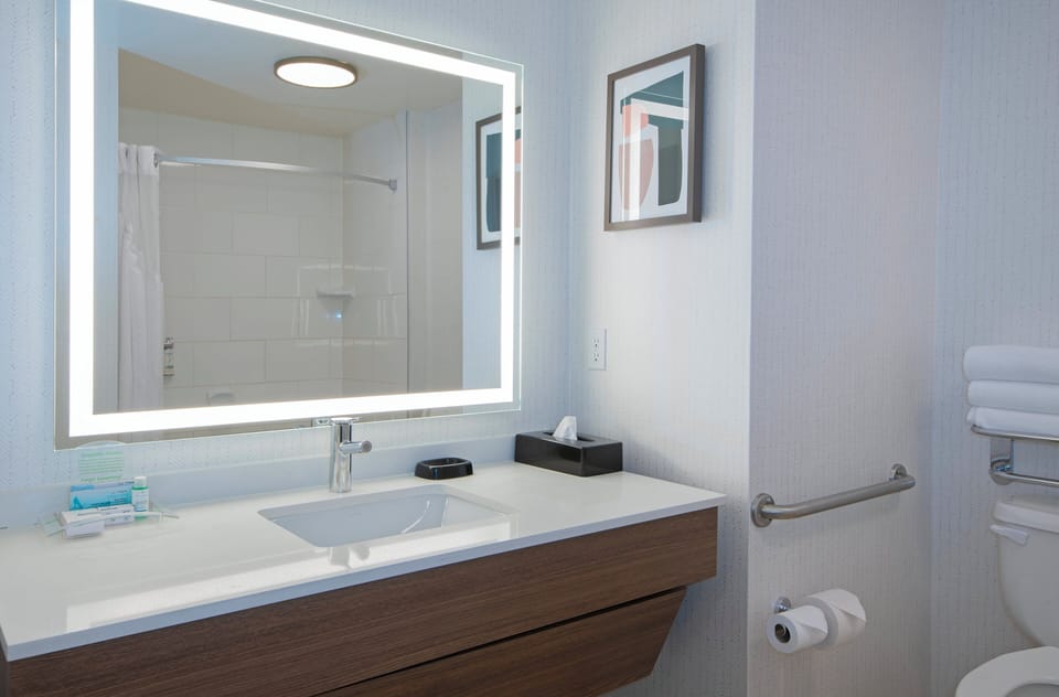 Combined shower/tub, free toiletries, hair dryer, towels