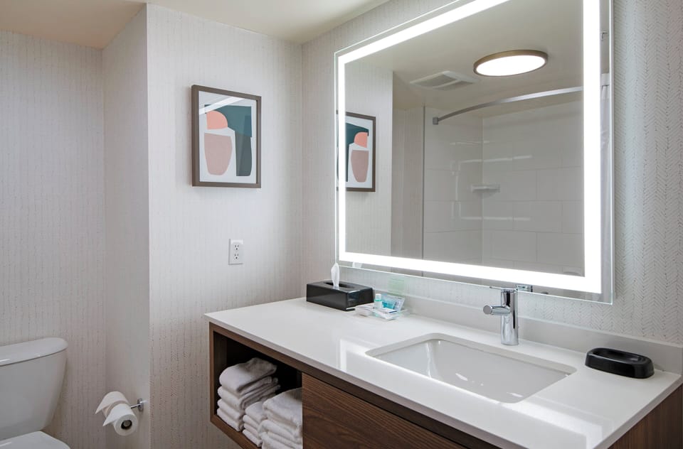 Combined shower/tub, free toiletries, hair dryer, towels