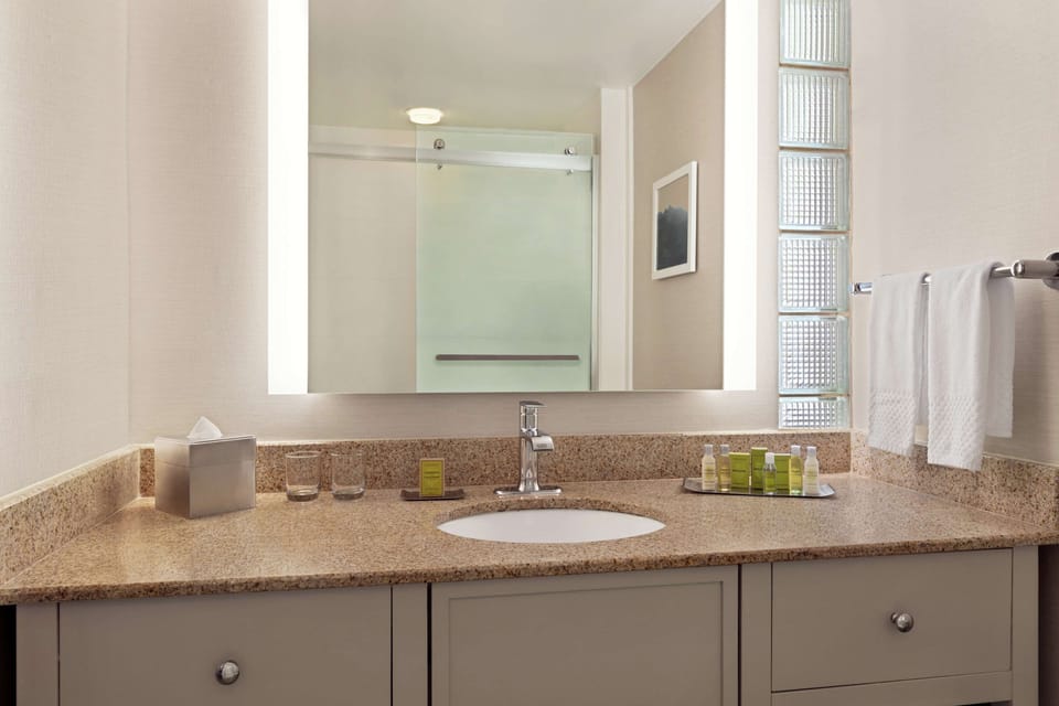 Designer toiletries, hair dryer, towels, soap