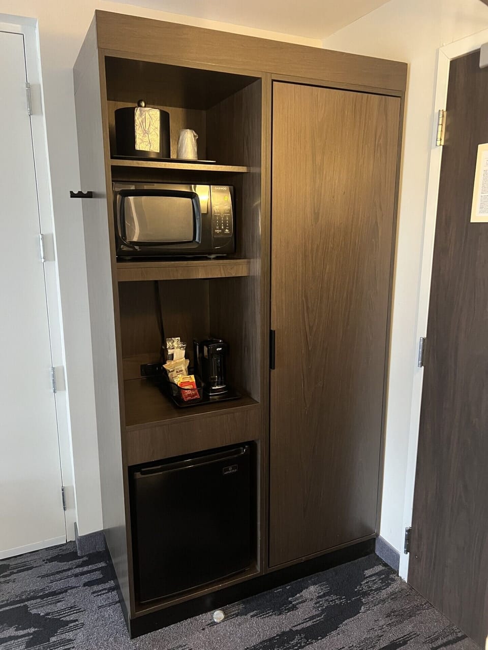 Desk, laptop workspace, blackout drapes, iron/ironing board