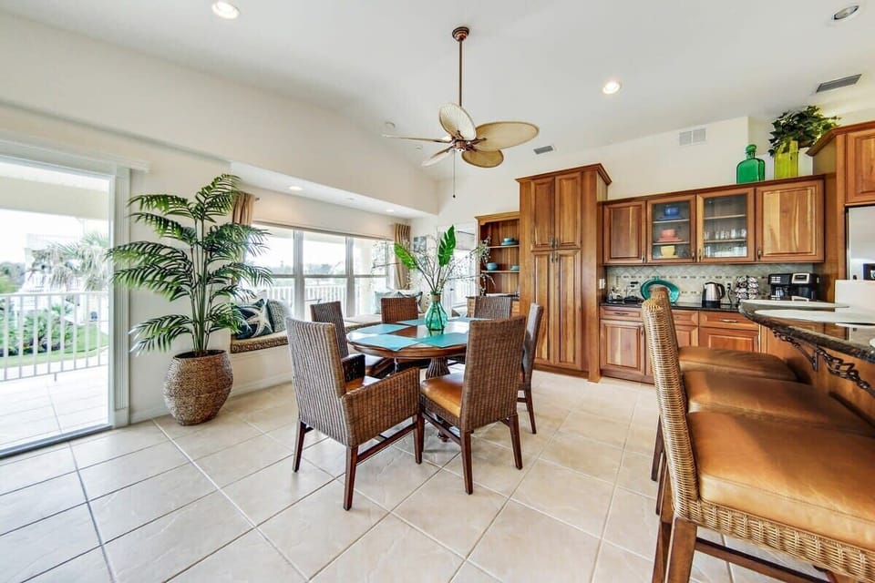 Dining area with Ethan Ellen rattan dining set