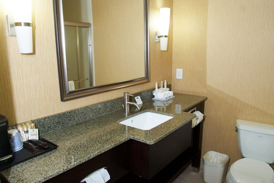Combined shower/tub, free toiletries, hair dryer, towels