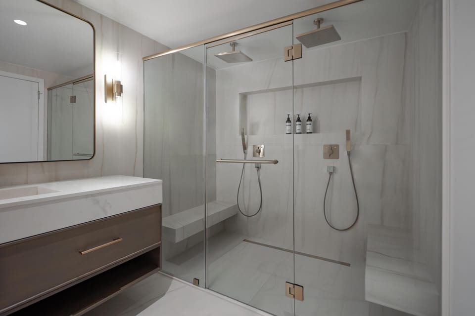 Rainfall showerhead, hair dryer, towels, soap