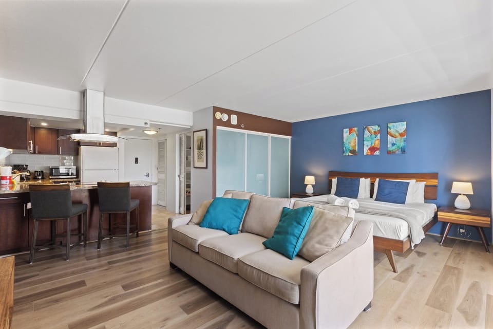 Living Room & Kitchen areas - Open floor plan with the living room area and adjacent bedroom area.  Kitchen just to the left as well as the entrance.