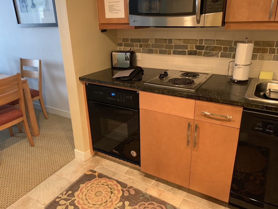Kitchen - Small under-counter oven, 2 counter top electric burners,  under-counter over, and microwave..