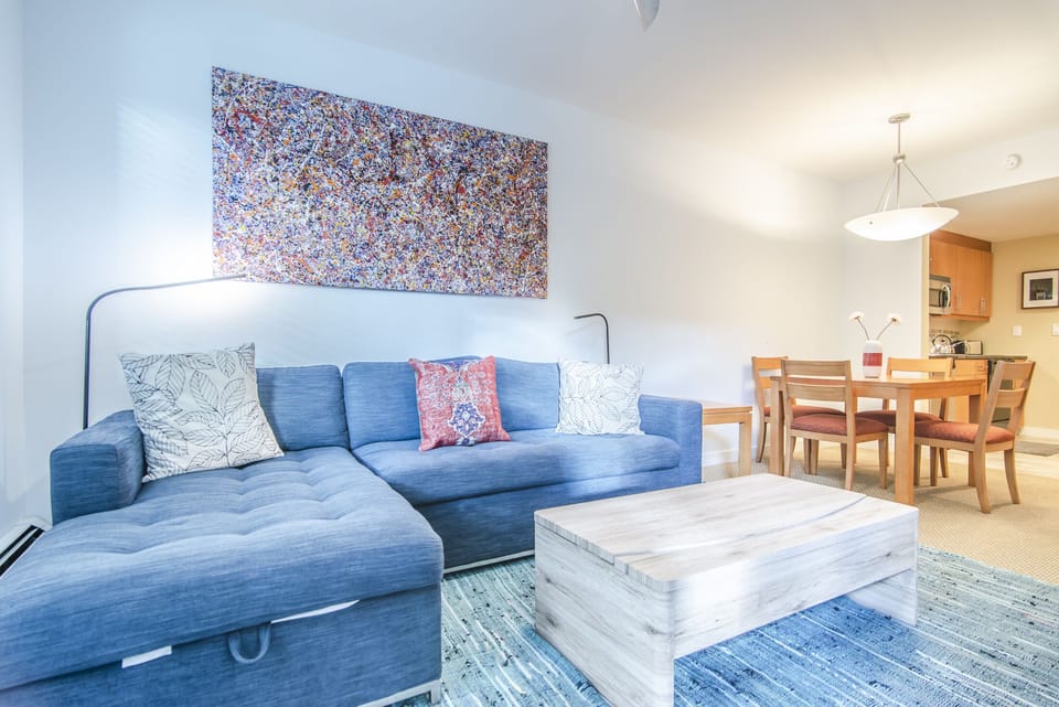 Living Area - Queen size sofa sleeper. Bedding stored in chaise lounge.