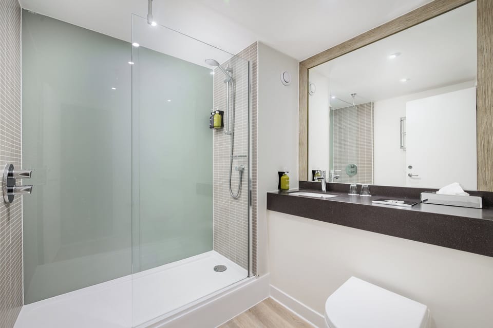 Combined shower/tub, eco-friendly toiletries, hair dryer, towels