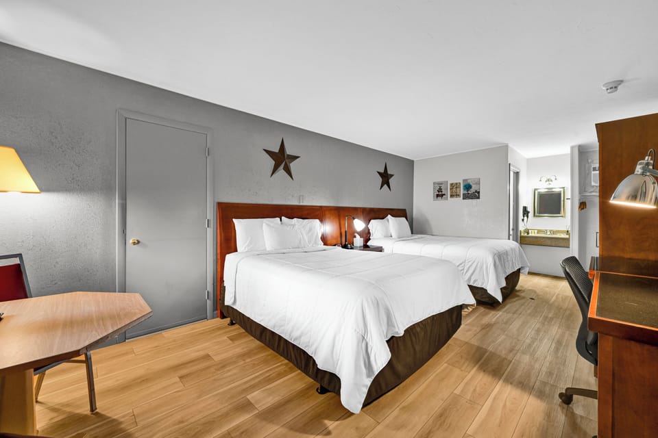 Standard Room, 2 Queen Beds, Non Smoking | Desk, laptop workspace, blackout drapes, iron/ironing board