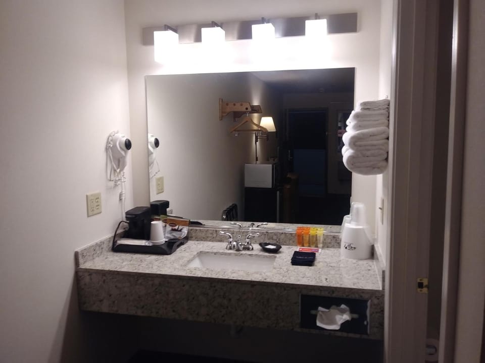 Combined shower/tub, free toiletries, hair dryer, towels