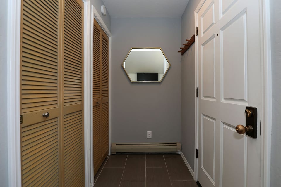 Front door to entry area where enclosed washer/dryer and closet are located.