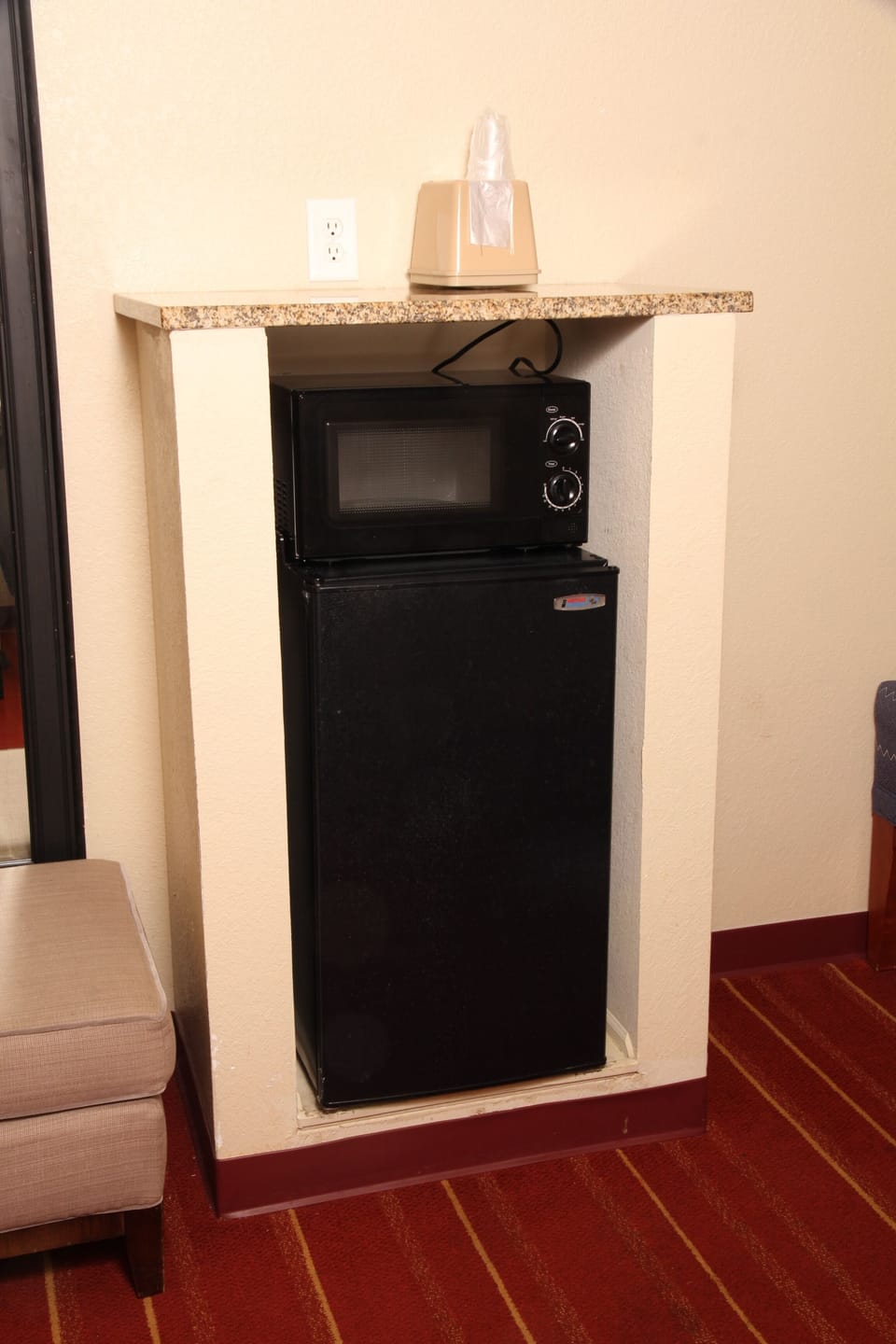 Desk, laptop workspace, blackout drapes, iron/ironing board