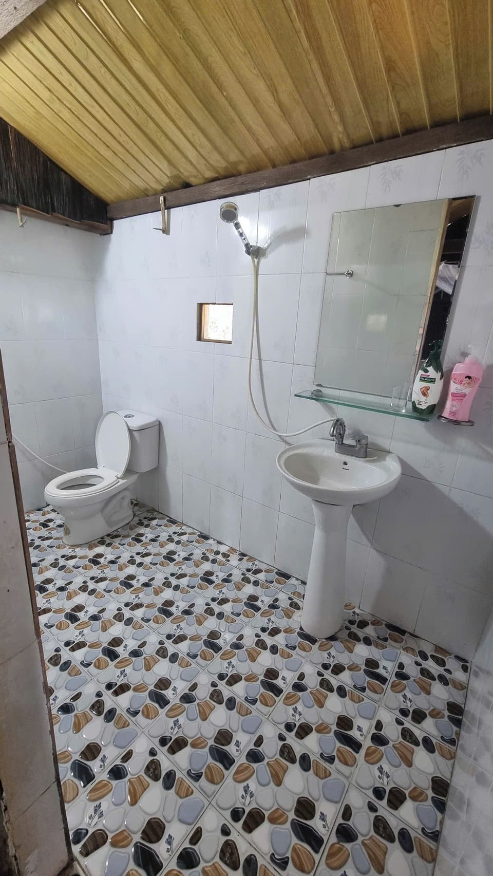 Shower, free toiletries, slippers, towels
