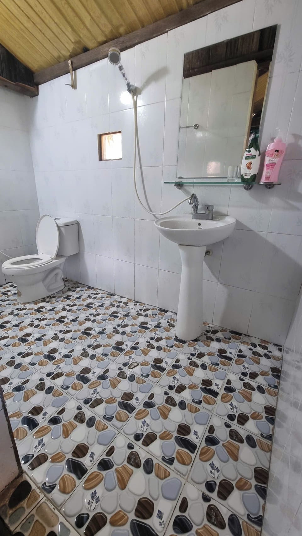 Shower, free toiletries, slippers, towels
